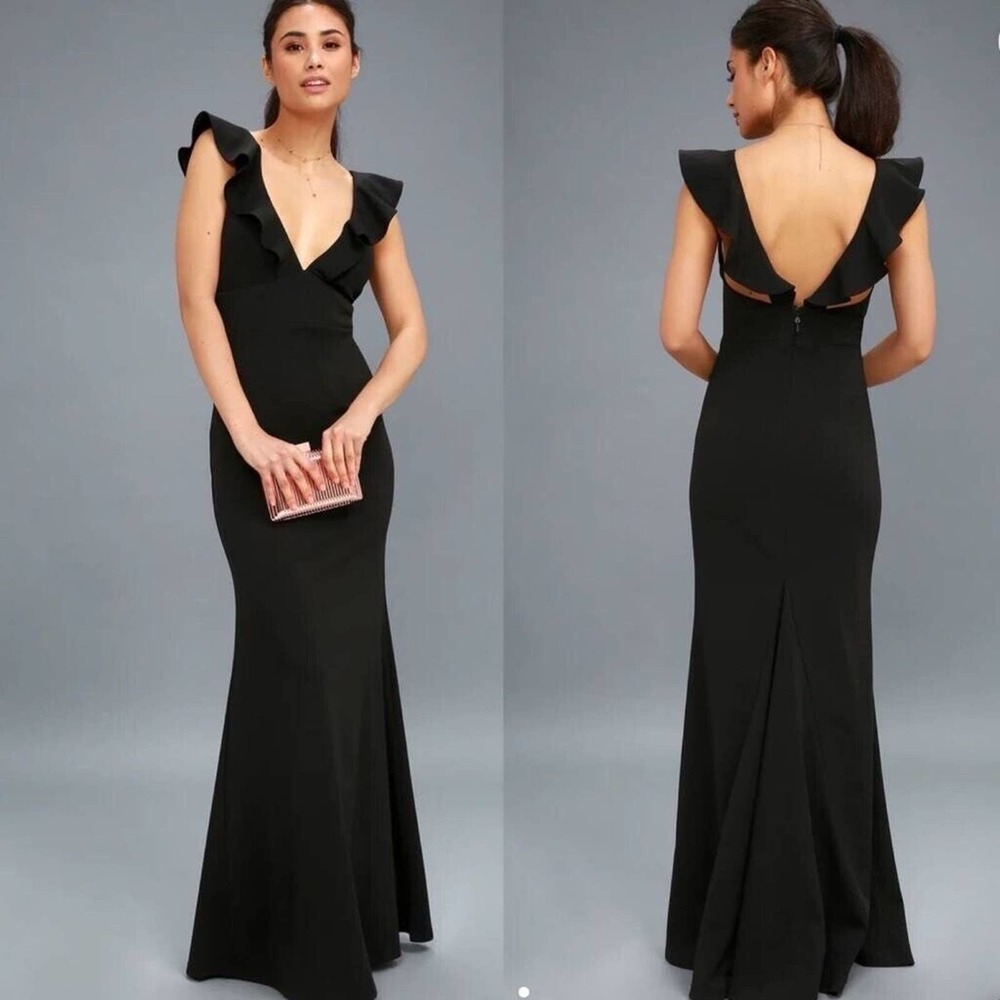 Lulus New Perfect Opportunity Black Ruffle V Neck Sleeveless Full Length Gown L
